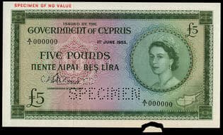 Cyprus, British Administration, specimen 5 pounds, 1 June 1955, A/1 000000, green and multicoloured, SPECIMEN OF NO...