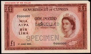 Cyprus, British Administration, specimen 1 pound, 1 June 1955, A/1 000000, brown and multicoloured, SPECIMEN OF NO...