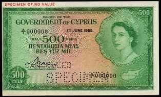 Cyprus, British Administration, specimen 500 mils, 1 June 1955, A/1 000000, green and multicoloured, SPECIMEN OF NO...