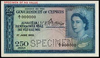Cyprus, British Administration, specimen 250 mils, 1 June 1955, A/1 000000, blue and multicoloured, SPECIMEN OF NO...