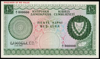 Cyprus, Republic of Cyprus, specimen 5 pounds, 1 December 1961, A/1 000000, green and multicoloured, SPECIMEN OF NO...