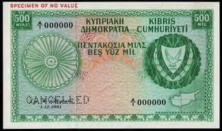 Cyprus, Republic of Cyprus, specimen 500 mils, 1 December 1961, A/1 000000, green and multicoloured, SPECIMEN OF NO...