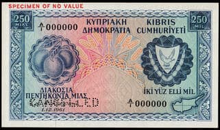 Cyprus, Republic of Cyprus, specimen 250 mils, 1 December 1961, A/1 000000, blue and multicoloured, SPECIMEN OF NO...