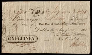 Ireland, Dublin & Kilkenny Bank, William Williams & Michael Finn, One Guinea (£1/2/9d. Irish), Dublin branch, 3 July...