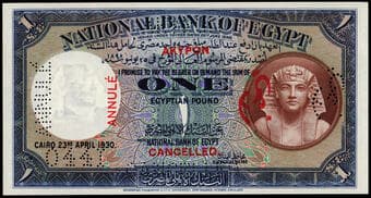 Egypt, National Bank of Egypt, specimen 1 pound, Cairo 23rd April 1930, s/n 0441 perforated, blue and multicoloured,...