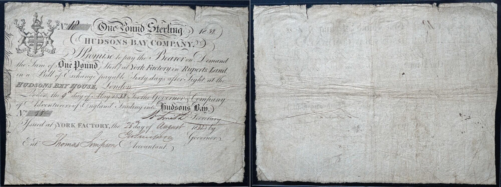 Hudson's Bay Company – One Pound Sterling Bill of Exchange, 1832 (York Factory Issue, No.18). Scarce HBC bill of...