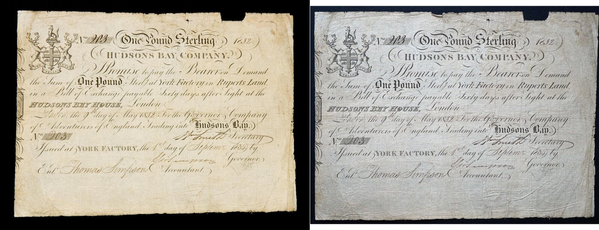 Hudson's Bay Company – One Pound Sterling Bill of Exchange, 1832 (York Factory Issue, No. 203). Scarce HBC bill of...