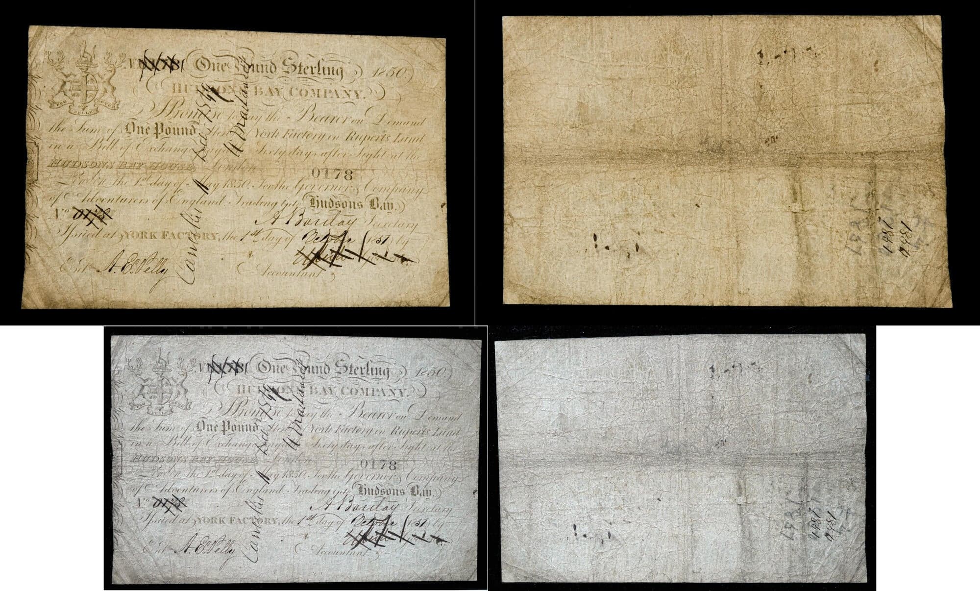 Hudson's Bay Company – One Pound Sterling Bill of Exchange, 1850 (York Factory Issue, No. 0178). Scarce HBC bill of...