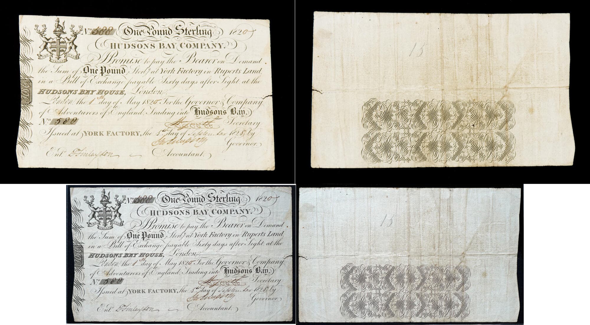 Hudson's Bay Company – One Pound Sterling Bill of Exchange, 1820 (York Factory Issue, No. 588). Scarce HBC bill of...