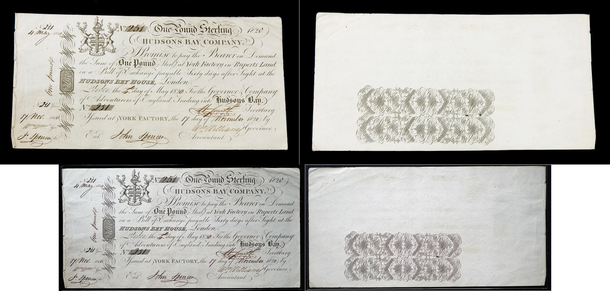 Hudson's Bay Company – One Pound Sterling Bill of Exchange, 1820 (York Factory Issue, No. 251). Scarce HBC bill of...