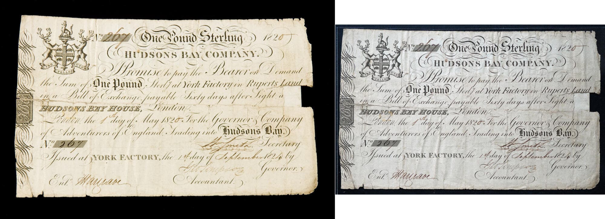 Hudson's Bay Company – One Pound Sterling Bill of Exchange, 1820 (York Factory Issue, No. 267). Scarce HBC bill of...