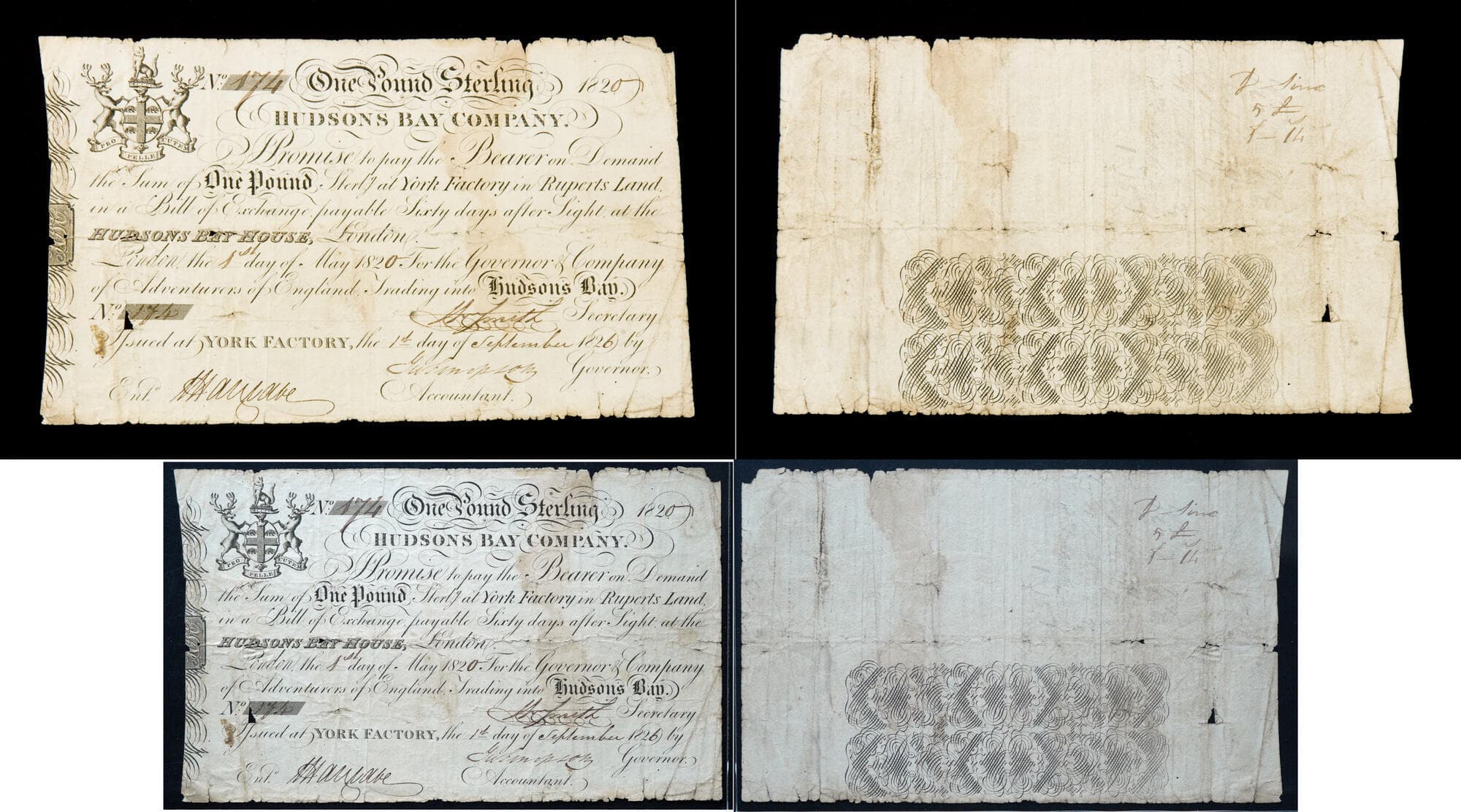 Hudson's Bay Company – One Pound Sterling Bill of Exchange, 1820 (York Factory Issue, No. 174). A Scarce HBC bill of...