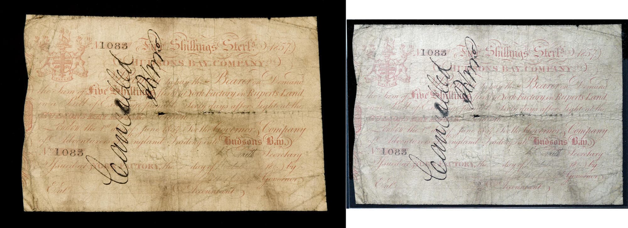 Hudson's Bay Company – Five Shillings Sterling Bill of Exchange, 1857 (York Factory Issue, No. 1083). Scarce HBC...