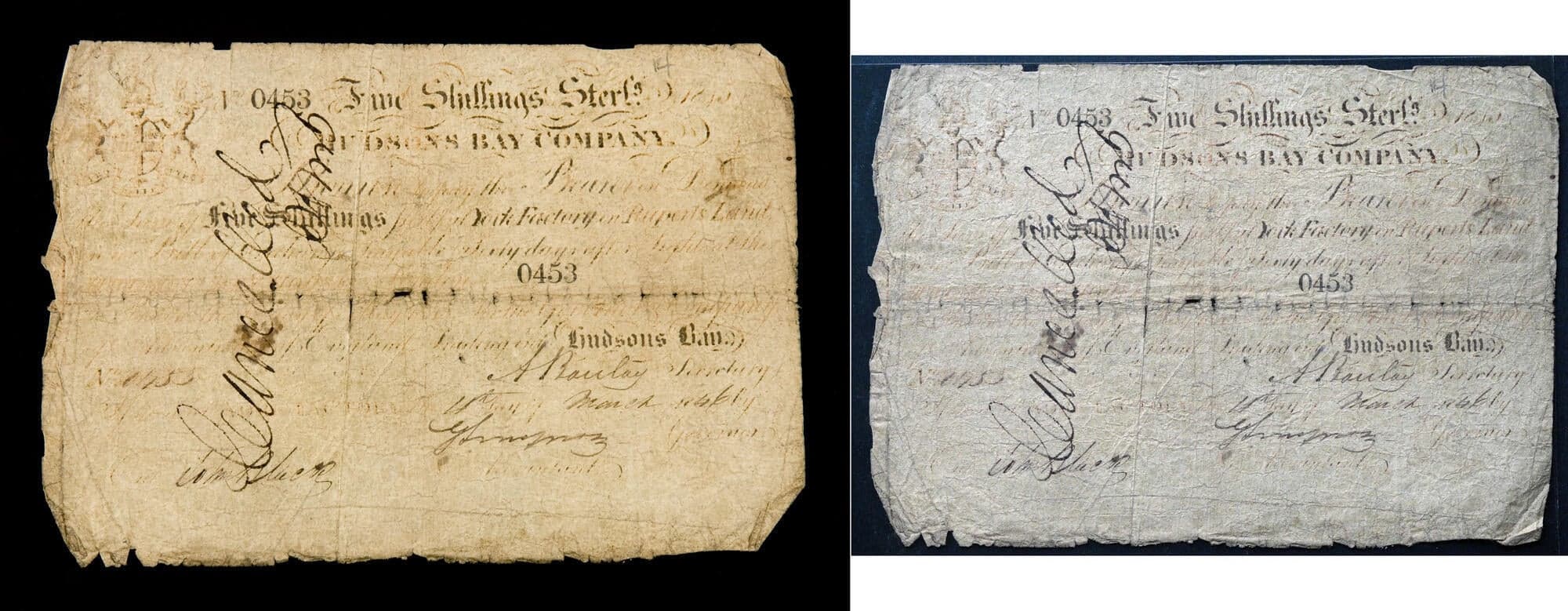 Hudson's Bay Company – Five Shillings Sterling Bill of Exchange, 1857 (York Factory Issue, No. 0453). Scarce HBC...