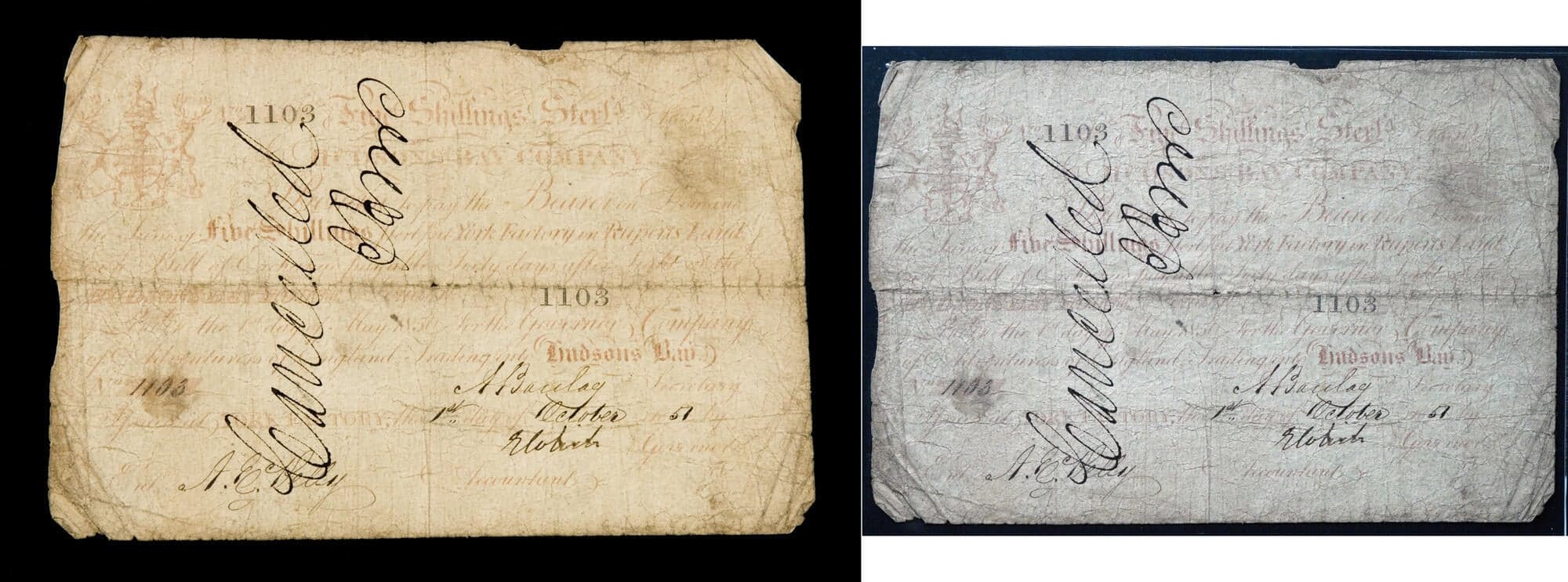 Hudson's Bay Company – Five Shillings Sterling Bill of Exchange, 1851 (York Factory Issue, No. 1103). Scarce HBC...