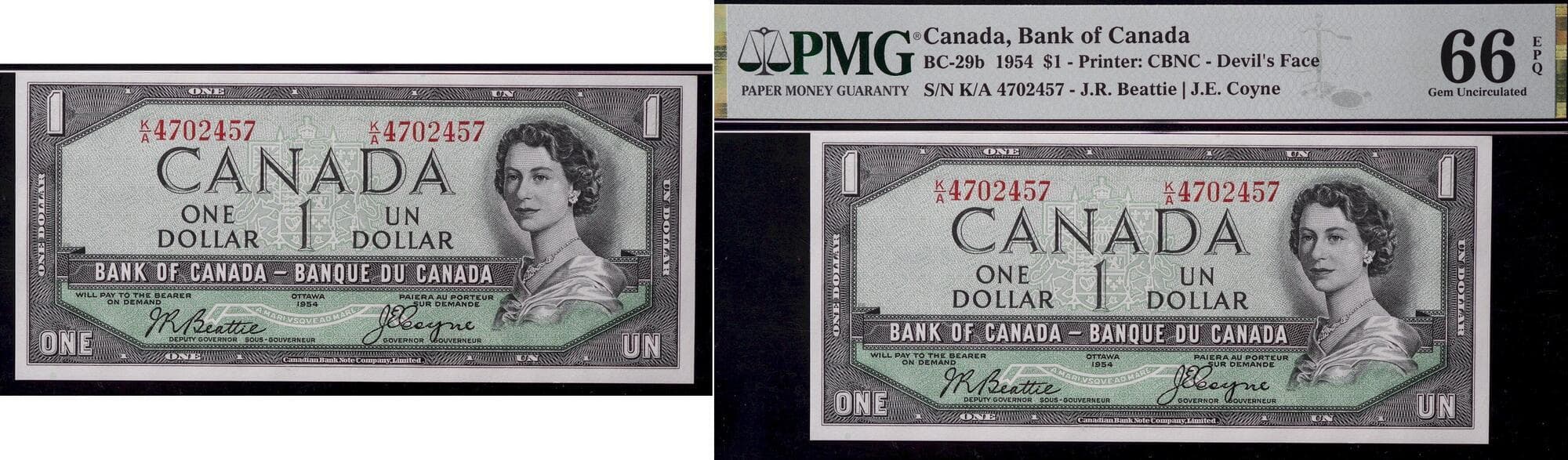 1954 $1 BC-29b #KA4702457 PMG Superb Gem Uncirculated-66 EPQ Estimate: 250 - AND UP CAD